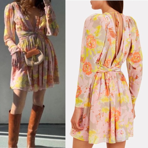 RONNY KOBO Floral Chiffon Puff Long Sleeve Pleated V-Neck Open Back Tie Dress XS - Picture 4 of 8